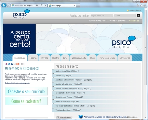 Projetos de Criação de sites: Página inicial do website da Psicoespaço com as vagas em aberto