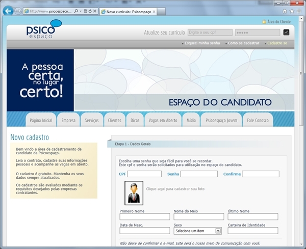 Layout responsivo do projeto de criação de sites: Página de cadastro de currículo