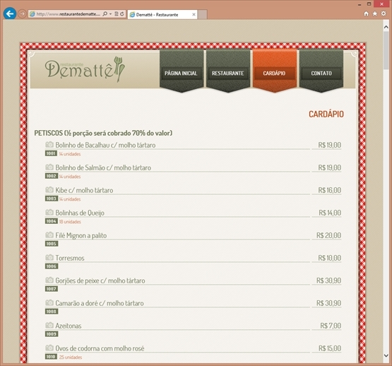 Layout responsivo do projeto de criação de sites: Página destinada ao cardápio