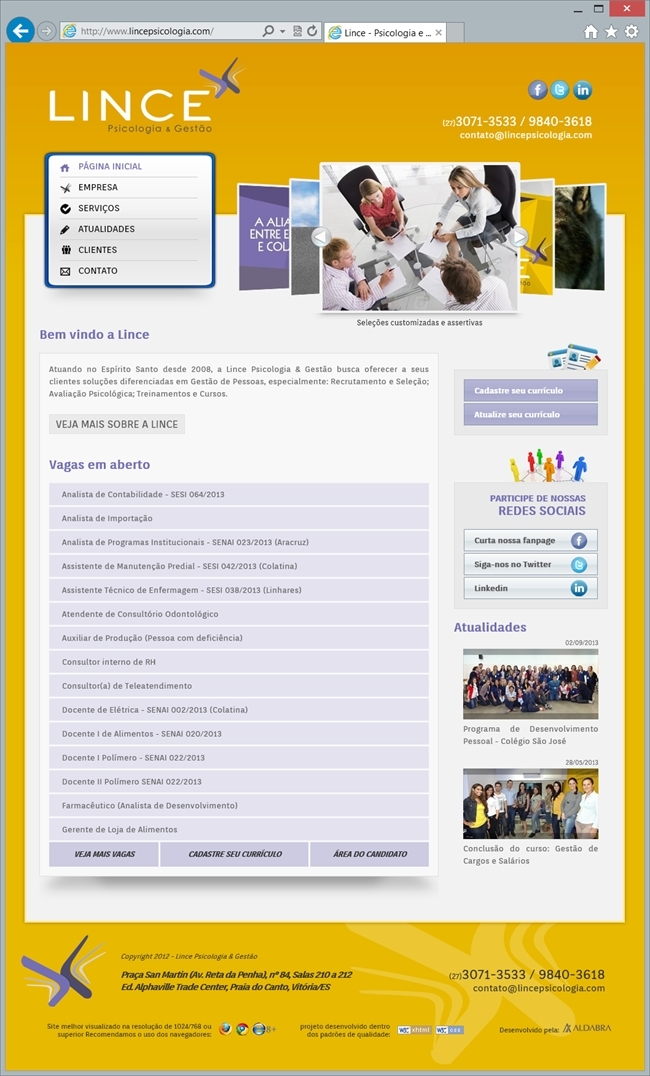 Projetos de Criação de sites: Layout da página incial do site da Lince Psicologia & Gestão