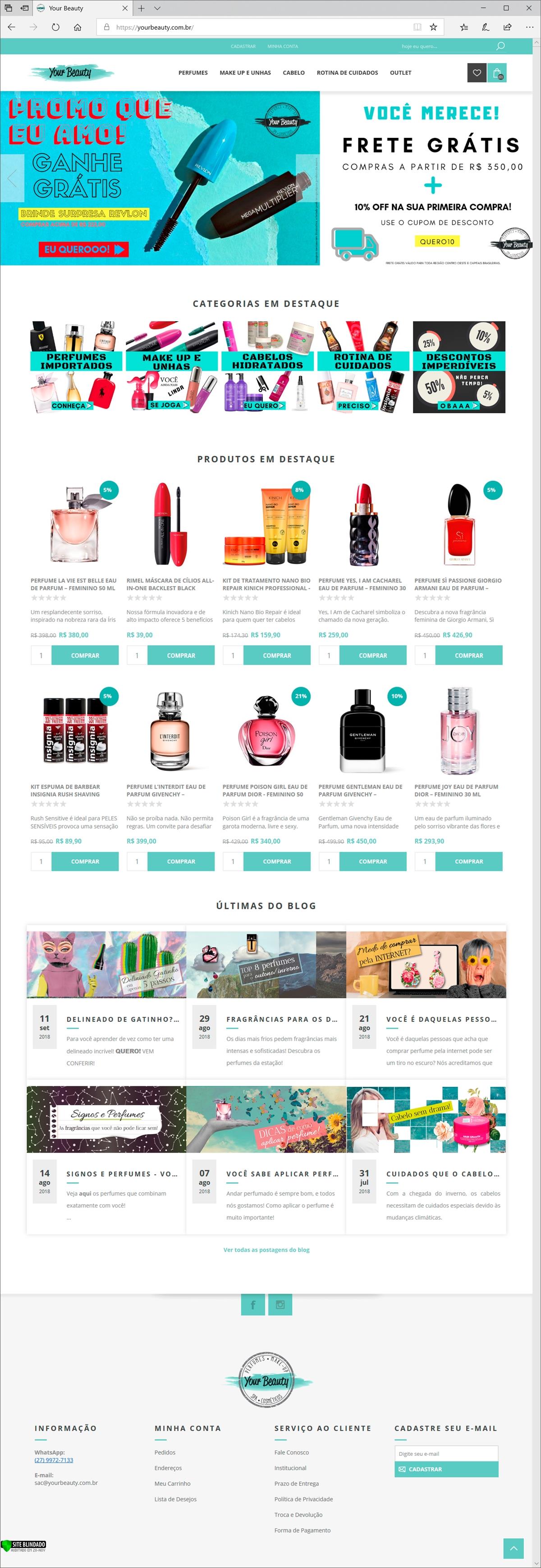 Projetos de e-commerce: Layout da página inicial do e-commerce Your Beauty