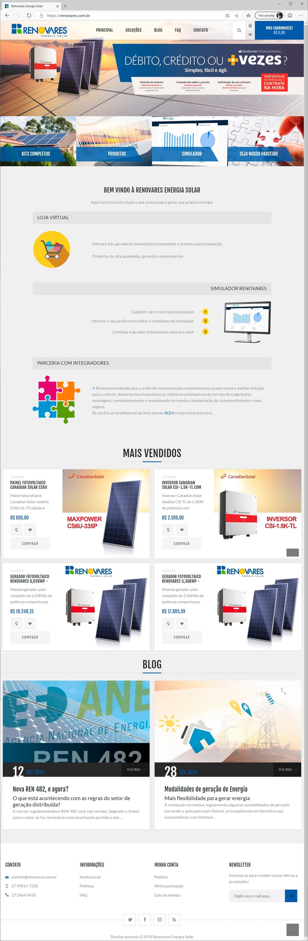 Projetos de e-commerce: Layout do e-commerce feito para a empresa Renovares Energia Solar