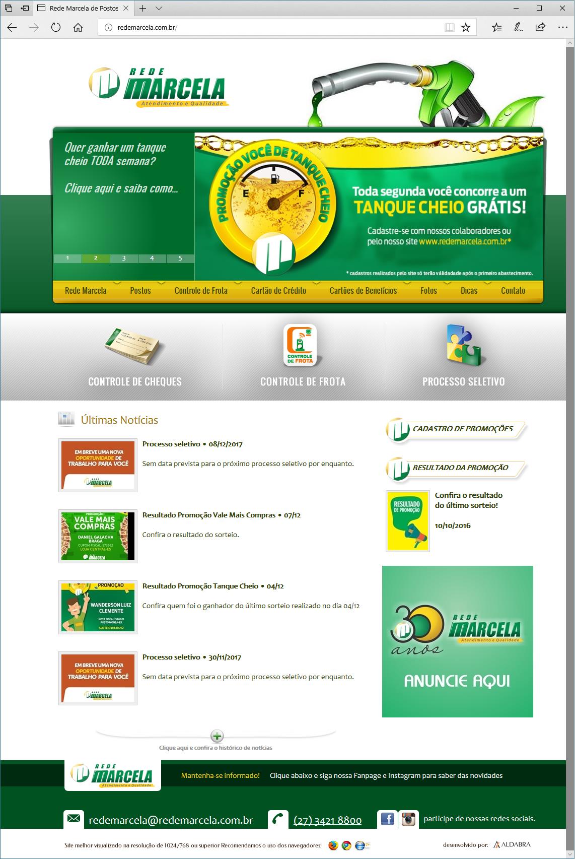 Projetos de Criação de sites: Página inicial do site da Rede Marcela de Postos